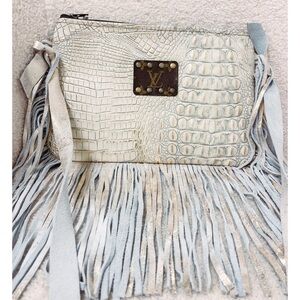 Cream & champagne crocodile Pattern Fringe Shoulder Bag LV Rework